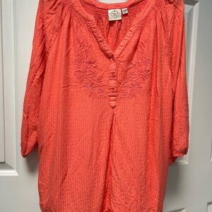 St. John's Bay Coral Orange 3/4 Sleeve Buttoned Blouse Lg. Embroidered overlay.
